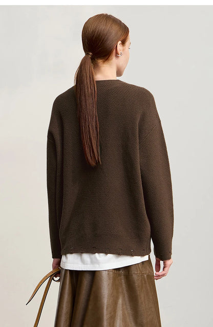 Damen-Rundhalspullover Jacquard Aushöhlung Perlenstickerei locker Winter