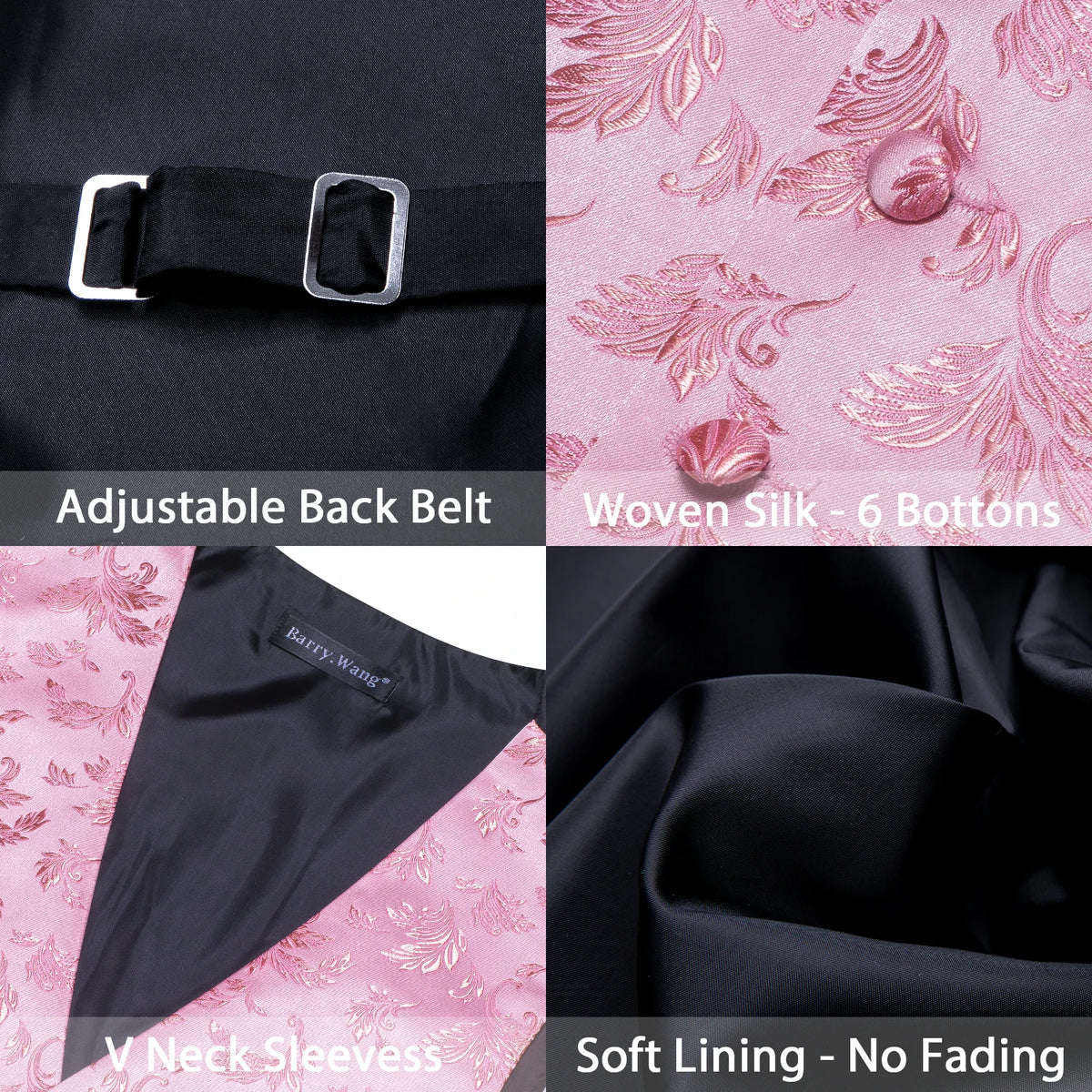 Rosa Satin-Herrenweste mit verstellbarem Rückengurt, florales Muster und feinem Innenfutter