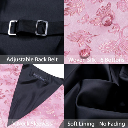 Rosa Satin-Herrenweste mit verstellbarem Rückengurt, florales Muster und feinem Innenfutter