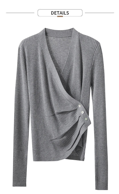 Damen V-Ausschnitt Pullover plissiert Muschelschnalle Wolle Herbst