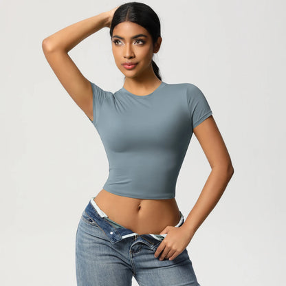 Slim Fit Yoga-Top für Damen, hellblaugrau, kurze Ärmel