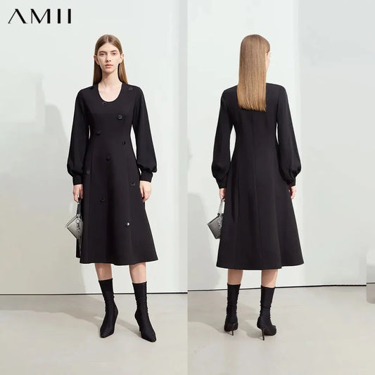 Schwarzes Strickkleid für Damen, knielang mit Knopfleiste und Ballonärmeln