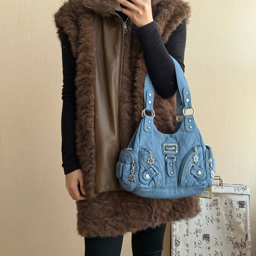 Damen-Tote-Tasche mit oberem Griff und Mehrfachfächern für Handy und Karten mit weicher Oberflächenstruktur