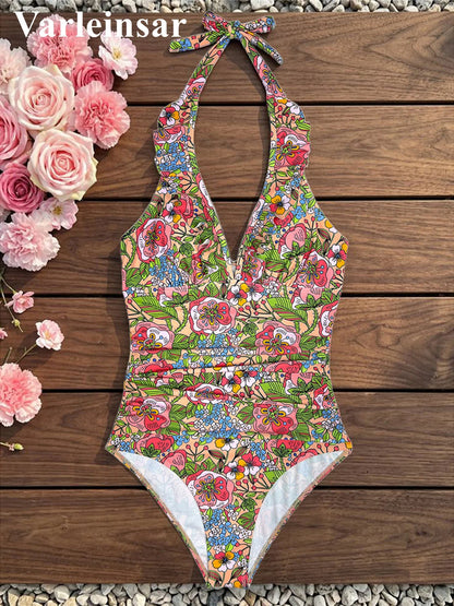 Damen Badeanzug Blumen V-Ausschnitt Neckholder Monokini hoher Beinausschnitt C
