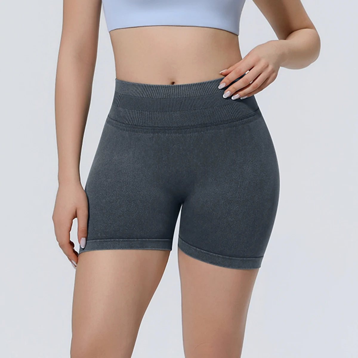 Athlevo nahtlose Yoga-Shorts dunkelgrau, hoher Bund, seitlich glatt