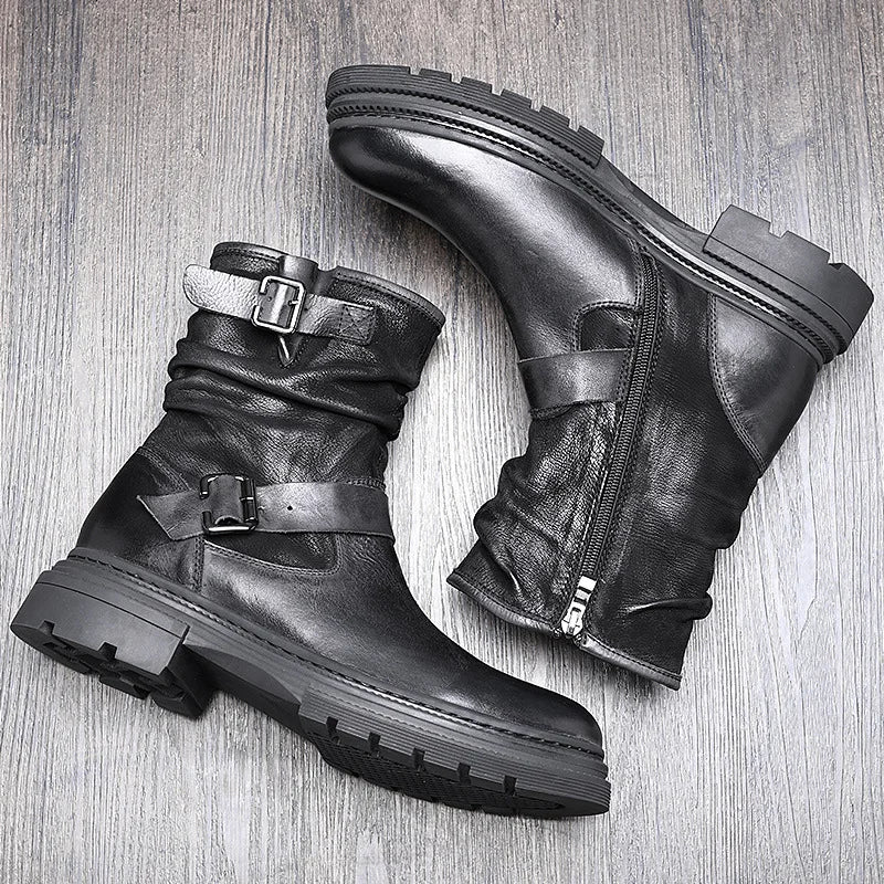Herren-Chelsea-Boots mit Schnallenriemen und Seitreißverschluss, schwarzes Leder