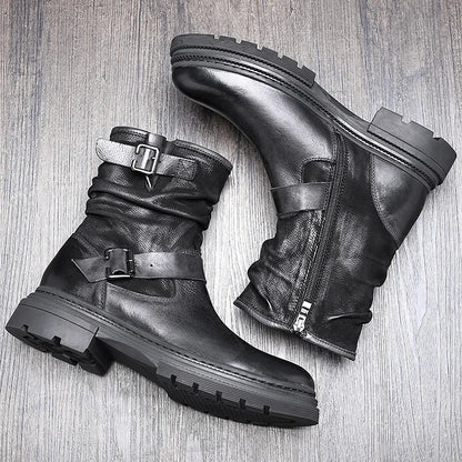 Herren-Chelsea-Boots mit Schnallenriemen und Seitreißverschluss, schwarzes Leder