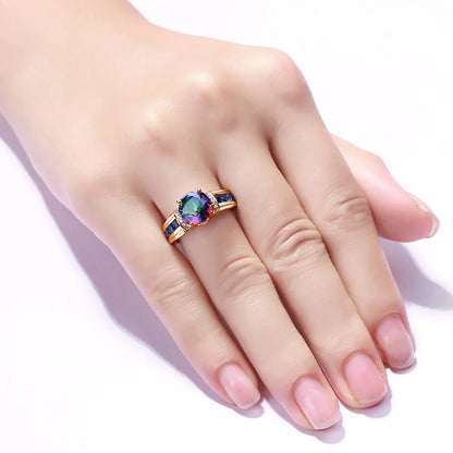 Damen-Ring aus Roségold mit Mystic Topas Regenbogen 8mm Rundschliff Verlobungsring Geschenk