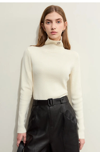 Damen-Rollkragenpullover Kaschmir-Wolle Slim Stickerei Winter