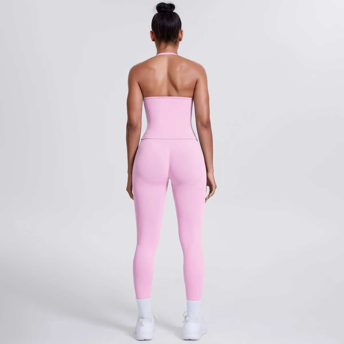 Rosa Damen-Yoga-Set, Rückansicht: rückenfreies Weste-Top und Leggings