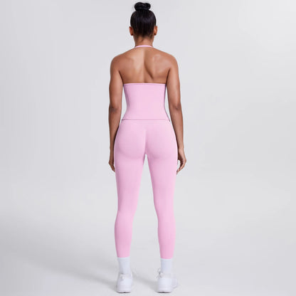 Rosa Damen-Yoga-Set, Rückansicht: rückenfreies Weste-Top und Leggings