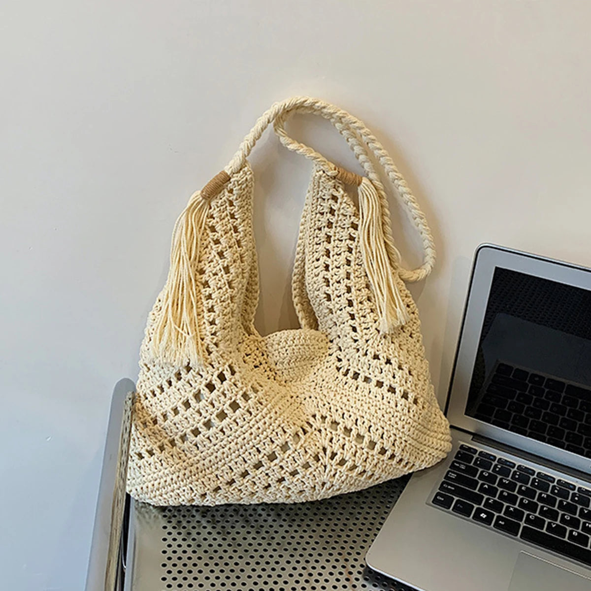 Damen Tote Bag Beach Woven Travel Shoulder Crossbody Purse