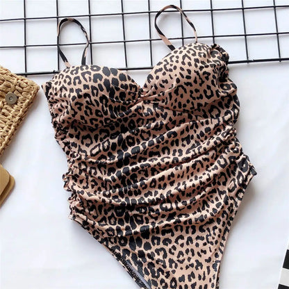 Damen-Badeanzug Leopard Push-Up Bandeau High-Cut gepolstert