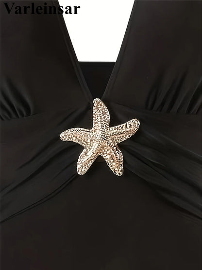 Damen Badeanzug Rock tiefer V-Ausschnitt Neckholder Seestern gepolstert Einteiler