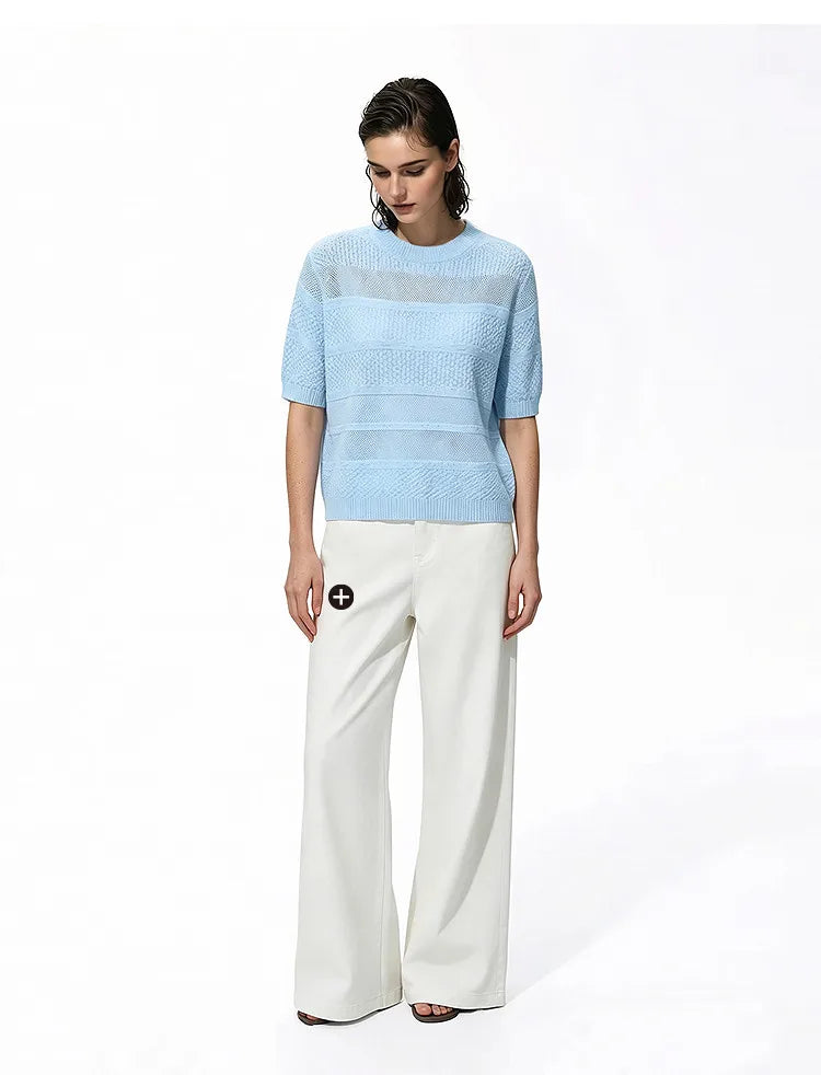 Damen-Rundhalspullover Kurzarm Crop Viskose locker Sommer