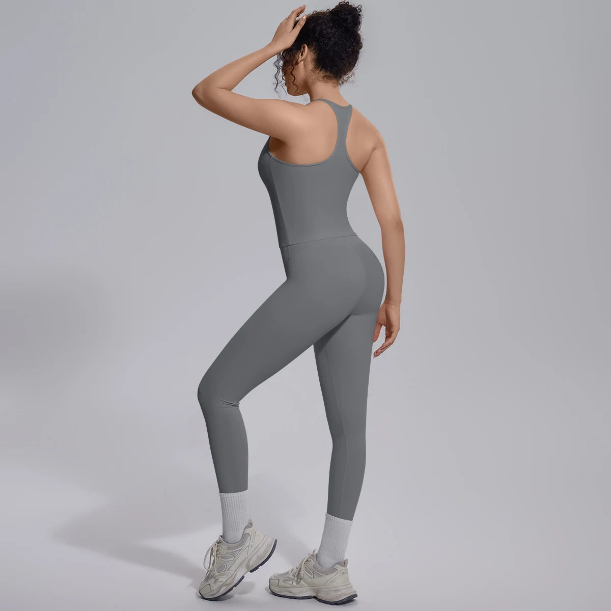 Damen-Yoga-Set aus Stretchstoff, hellgrau, ärmellos mit Racerback und Leggings