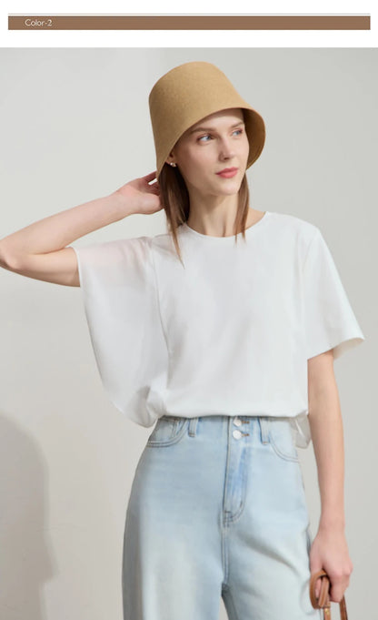 Damen Sommer-T-Shirt mit kurzen Schmetterlingsärmeln und Rundhalsausschnitt