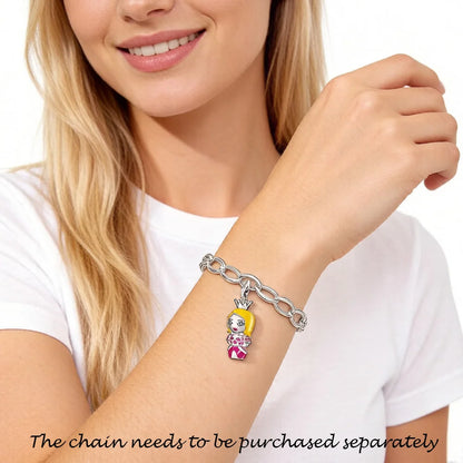 Silbernes Charm-Armband mit Puppenanhänger, gelbem Haar und pinkem Kleid