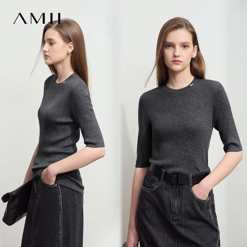 Damen-Strickpullover, dunkelgrau, Rundhalsausschnitt, 3/4-Ärmel, seitliche Ansicht