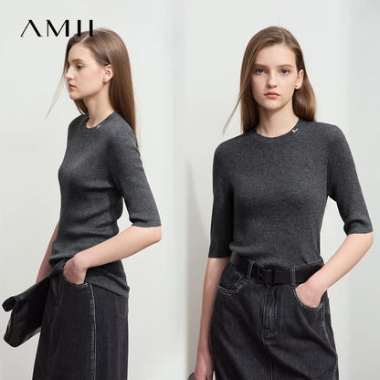 Damen-Strickpullover, dunkelgrau, Rundhalsausschnitt, 3/4-Ärmel, seitliche Ansicht