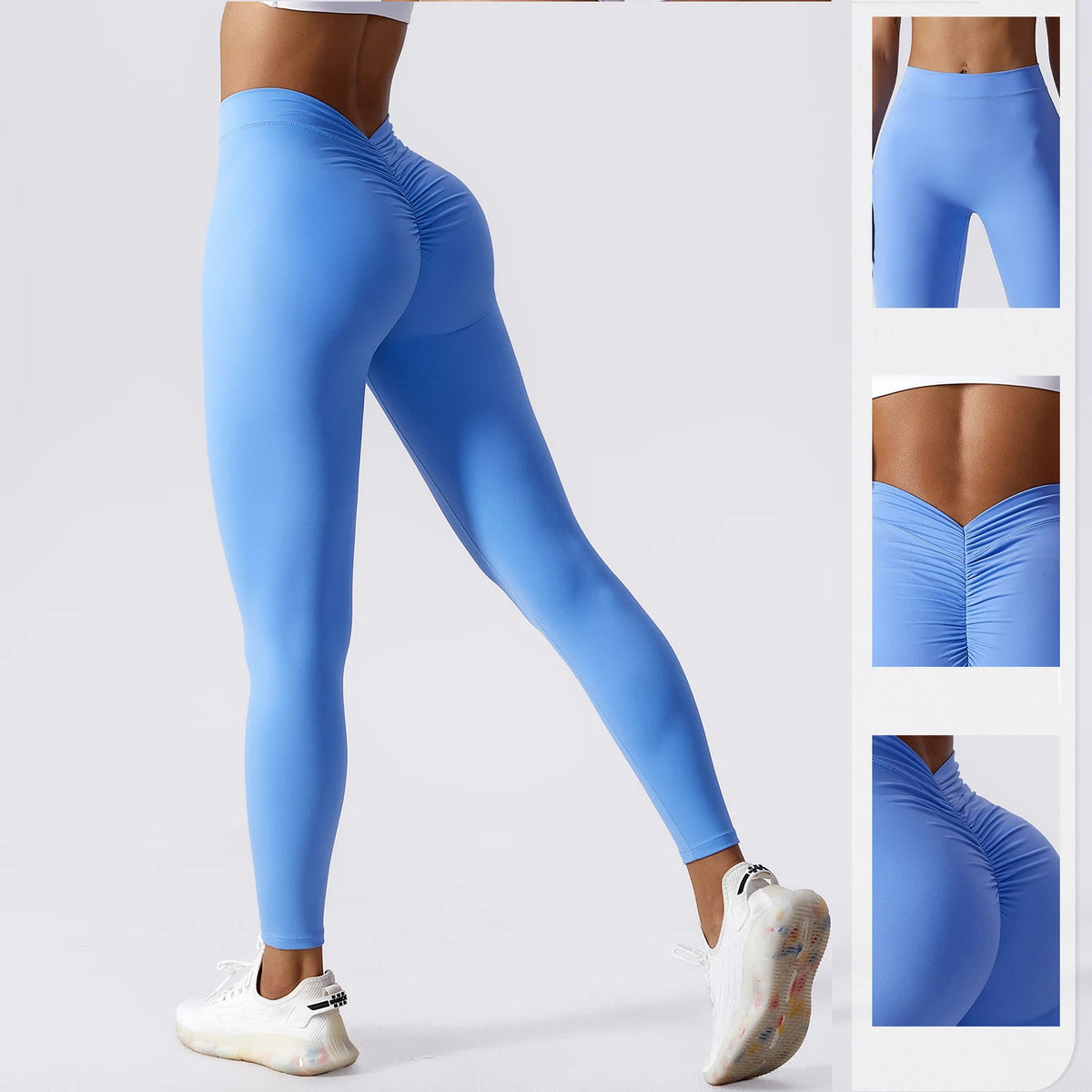 Yogaleggings mit hoher Taille, hellblau, lange enge Passform mit seitlicher Raffung