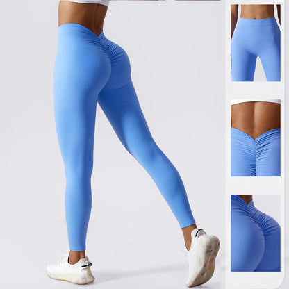 Yogaleggings mit hoher Taille, hellblau, lange enge Passform mit seitlicher Raffung