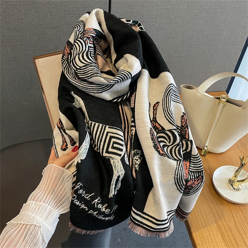 Damen Winterschal Kaschmir Pashmina Pferdprint warm dick Decke Luxus