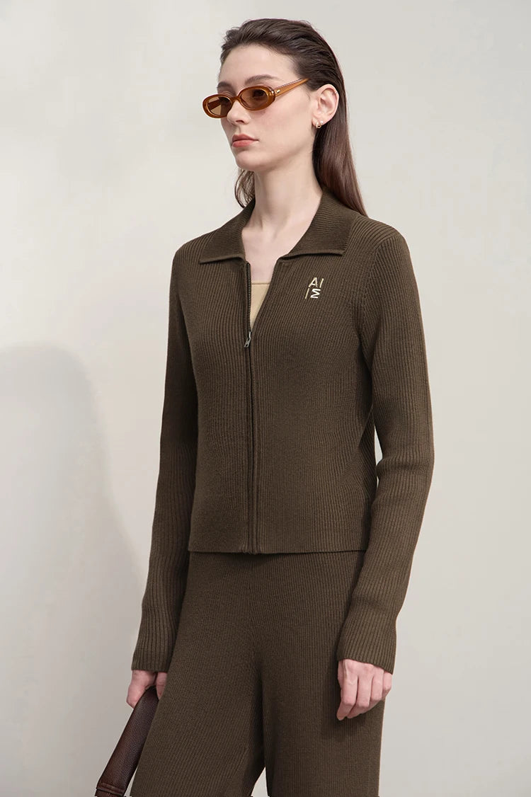 Damen-Strickjacke Buchstaben Slim Reißverschluss Wolle-Mix Herbst-Winter