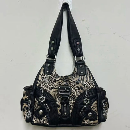 Damen Schultertasche Leopard-Print mit Mehrfachfächern und weichem Oberflächenfinish