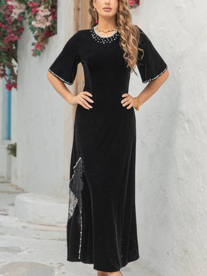 Elegantes Damen-Patchwork-Kleid mit Diamantmuster, Reverskragen und langen Ärmeln – figurbetont und einreihig.