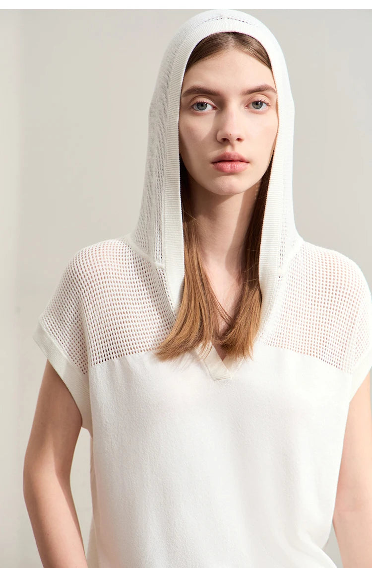 Damen-Pullover mit Kapuze, Kurzarm, weißer Strickstoff und V-Ausschnitt