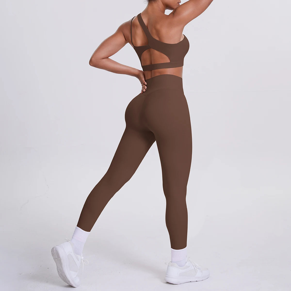 Yoga-Set aus Sport-BH und 3/4-Leggings, dunkelbraun, mit Racerback und Aussparungen
