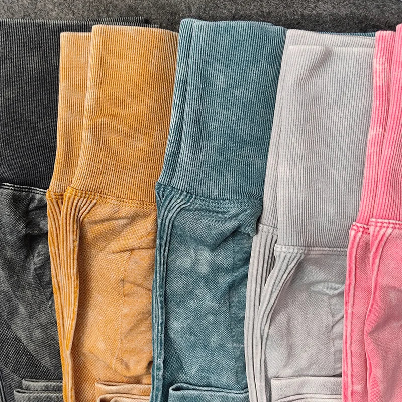 Nahtlose Yoga-Leggings – Bündchen-Detail in Schwarz, Orange, Grün, Hellgrau und Pink