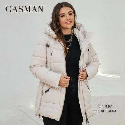 Lange Damen-Daunenjacke mit Reißverschluss, Schnürdesign, Kapuze und Taschen – warm und klassisch für den Winter.