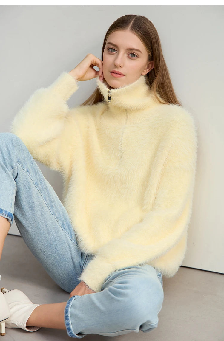 Damen-Rollkragenpullover Nerz-Imitat Reißverschluss locker dick Winter