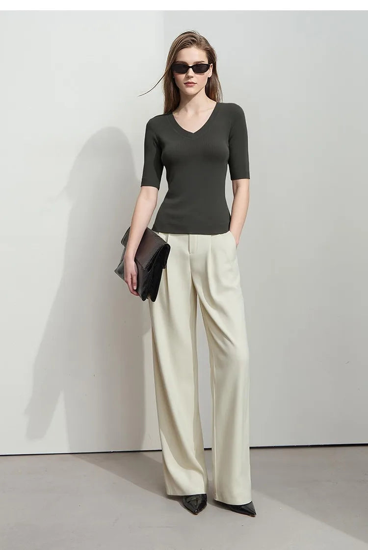 Damen V-Ausschnitt Pullover Viskose Halbarm Slim Büro Sommer