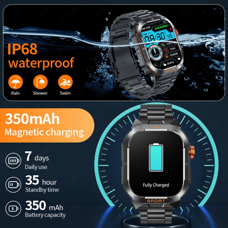 LIGE 2025 Neue Militärische Smart Uhr Männer LED Taschenlampe IP68 Wasserdichte Outdoor Sport Fitness Tracker Anruf Erinnerung Smartwatch