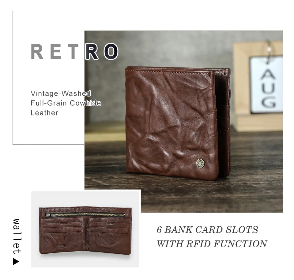 Herren Echtleder Geldbörse Vintage RFID Bifold Kurzgeldbörse 6 Kartenfächer Business