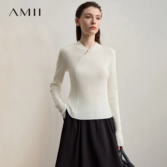 Damenpullover mit Stehkragen und Knopfverschluss, langarm, beiger Creme-Farbton