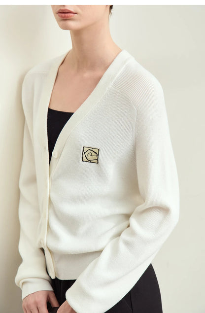 Damen-Strickjacke Wolle V-Ausschnitt Patchwork Stickerei kurz Französisch Herbst