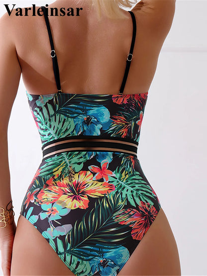 Damen Badeanzug Blätter Print Bügel BH-Cup Monokini Einteiler