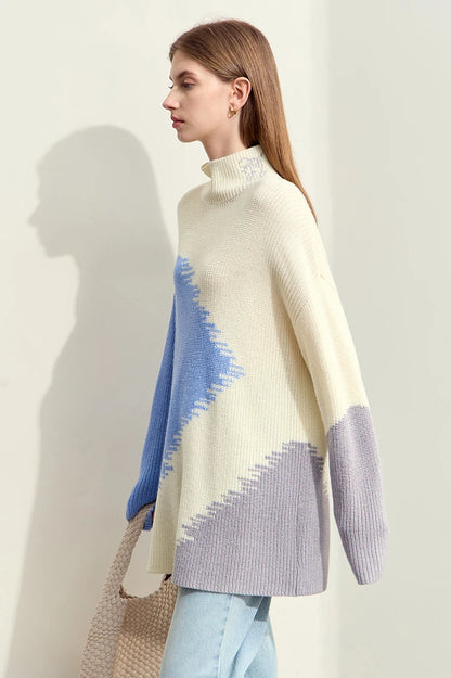 Damen-Rollkragenpullover Stickerei locker Winter Wolle-Mix