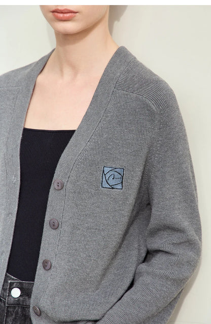 Damen-Strickjacke Wolle V-Ausschnitt Patchwork Stickerei kurz Französisch Herbst