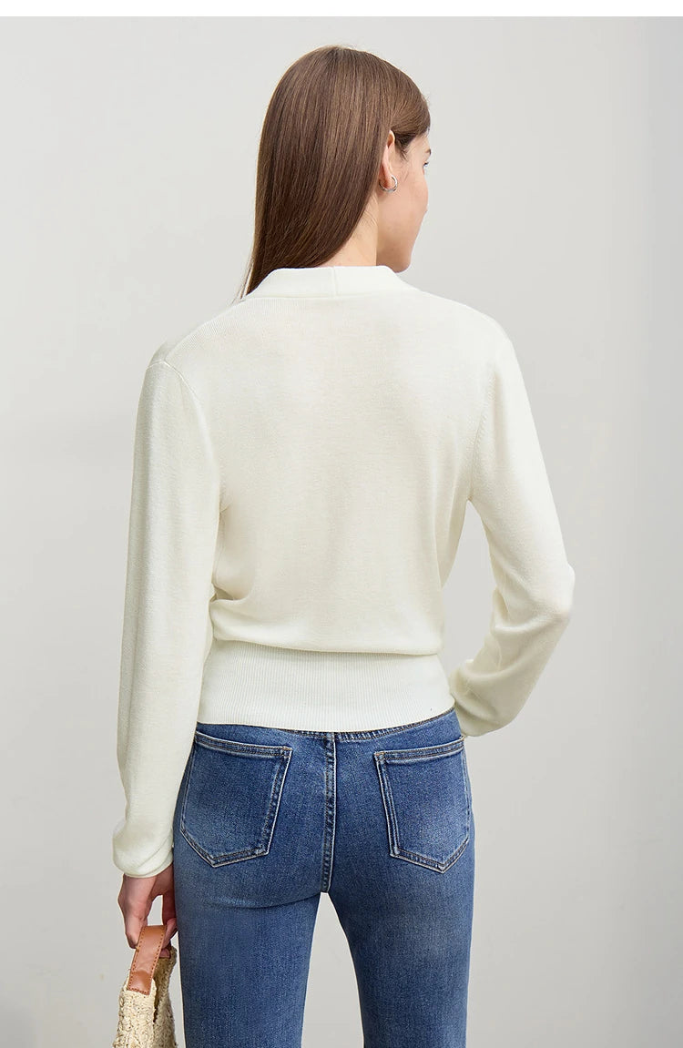 Damen-Strickpullover mit V-Ausschnitt, langarm, cremeweiß, leicht gerader Schnitt