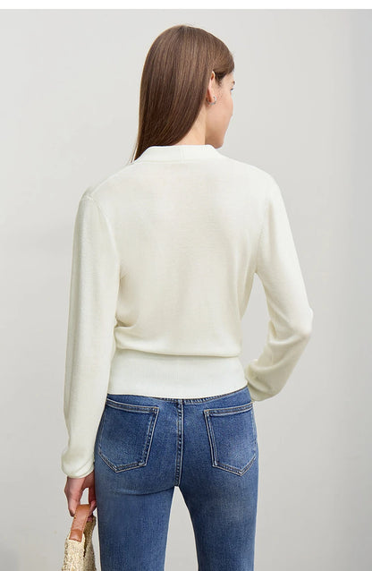 Damen-Strickpullover mit V-Ausschnitt, langarm, cremeweiß, leicht gerader Schnitt