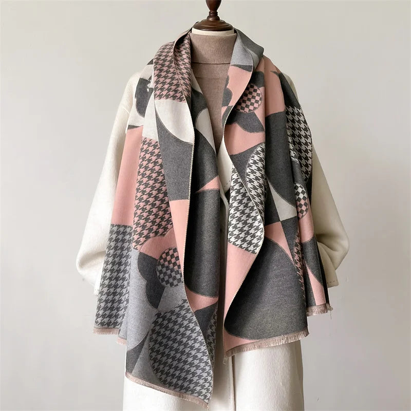Winterschal für Damen mit Pashmina-Muster in Grau/Beige mit Rosa, Fransen