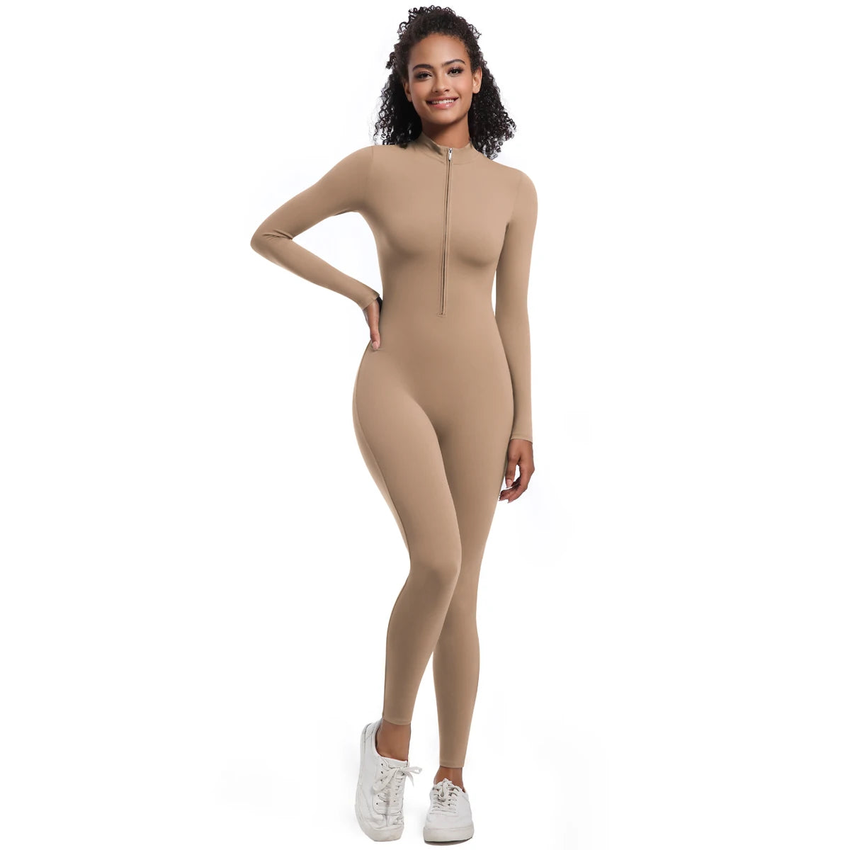 Nahtloser Damen-Overall mit langen Ärmeln, beige/braun, Frontreißverschluss