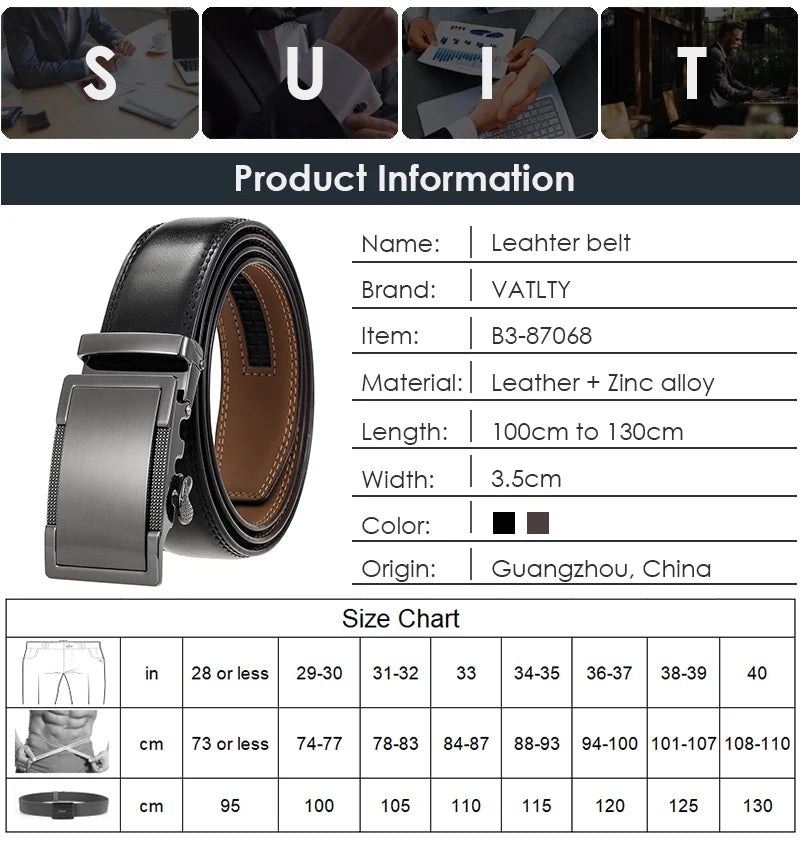 Herren-Gürtel aus Echtleder 35 mm Breite mit Silberner Automatik-Schnalle für Business und Alltag