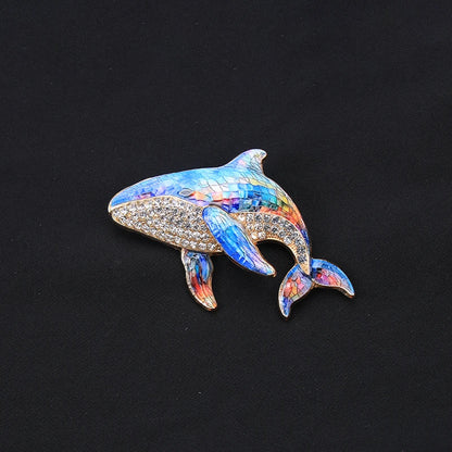 Brosche Meerestier Hummer Delfin Schildkröte Emaille Ozean Goldfarbig
