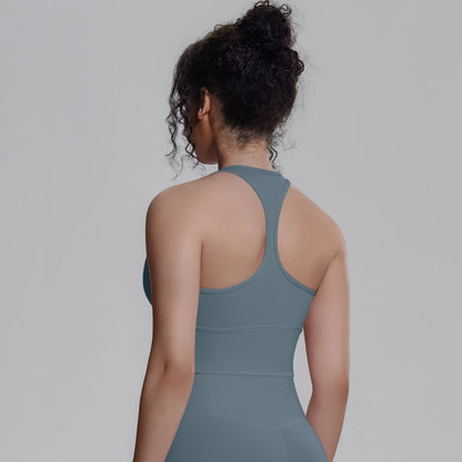 Damen Yoga-Top, blau-graues Racerback mit rundem Rückenausschnitt